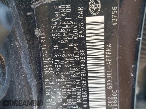 2008 Toyota Avalon XL with VIN 4T1BK36B78U260988, listed as a Copart auction lot 42738885 with Not Provided miles and Salvage Title. Bid and sale history available at carsss.com. Image 14.