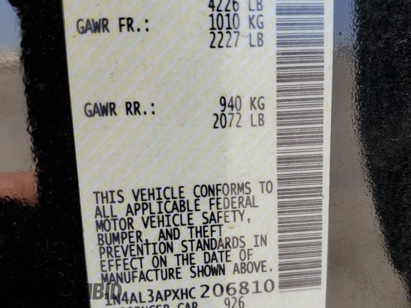 2017 Nissan Altima SV with VIN 1N4AL3APXHC206810, listed as a Copart auction lot 59821835 with 87,577 mi miles and Salvage title. Bid and sale history available at DreamBid. Image 12.