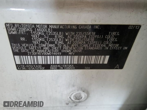 2013 Toyota RAV4 Limited with VIN 2T3DFREV9DW014649, listed as a Copart auction lot 51811225 with 124,549 mi miles and Salvage Title. Bid and sale history available at carsss.com. Image 14.