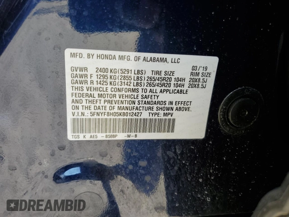 2019 Honda Passport Elite z VIN 5FNYF8H05KB012427, wystawiony jako Copart lot #50409635 z przebiegiem 72 814 mil mil oraz Szkoda całkowita • Salvage title. Historia ofert i sprzedaży dostępna na DreamBid. Obrazek 13.