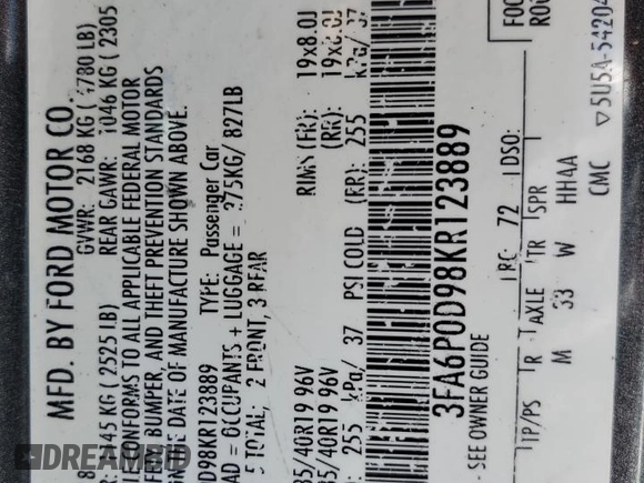 2019 Ford Fusion Titanium with VIN 3FA6P0D98KR123889, listed as a Copart auction lot 53515925 with 172,596 mi miles and Clean title. Bid and sale history available at DreamBid. Image 12.
