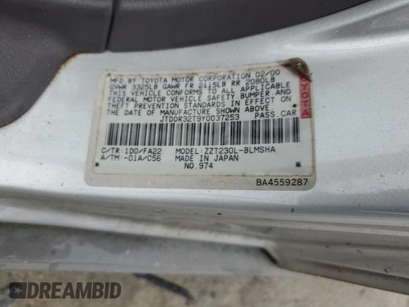 2000 Toyota Celica GT with VIN JTDDR32T9Y0037253, listed as a Copart auction lot 58602215 with Not provided miles and Salvage title. Bid and sale history available at DreamBid. Image 12.