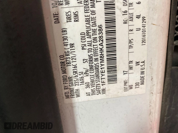 2017 Ford Transit with VIN 1FTYE1YM8HKA28386, listed as a IAAI auction lot 42730202 with 224,557 mi miles and . Bid and sale history available at DreamBid. Image 33.