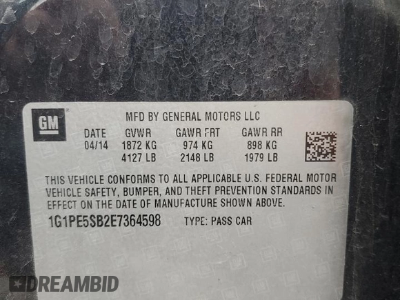 2014 Chevrolet Cruze 2LT with VIN 1G1PE5SB2E7364598, listed as a Copart auction lot 61970575 with 150,937 mi miles and Salvage title. Bid and sale history available at DreamBid. Image 12.
