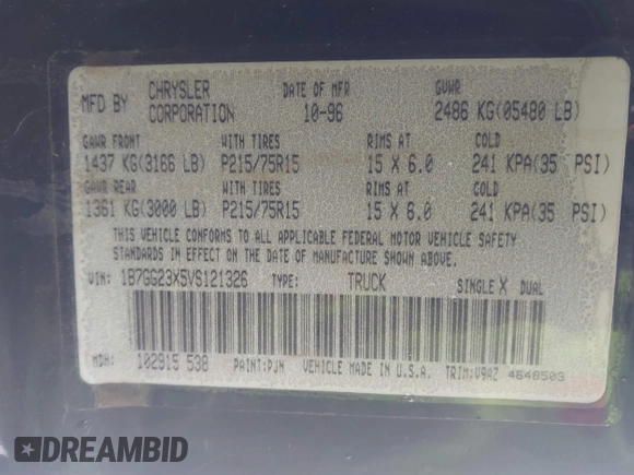 1997 Dodge Dakota with VIN 1B7GG23X5VS121326, listed as a IAAI auction lot 41341453 with 183,514 mi miles. Bid and sale history available at carsss.com. Image 9.