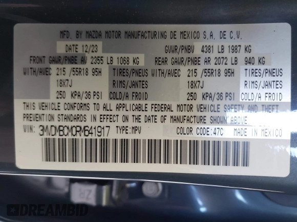 2024 Mazda CX-30 S Preferred with VIN 3MVDMBCM0RM641917, listed as a IAAI auction lot 42058344 with 3,005 mi miles and . Bid and sale history available at DreamBid. Image 9.