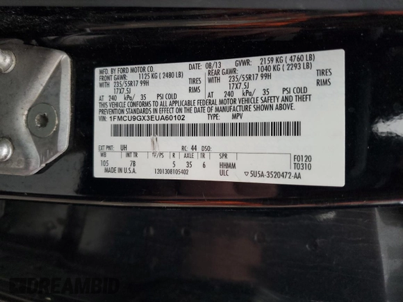 2014 Ford Escape SE with VIN 1FMCU9GX3EUA60102, listed as a Copart auction lot 86258684 with 106,220 mi miles and Salvage Title. Bid and sale history available at DreamBid. Image 14.