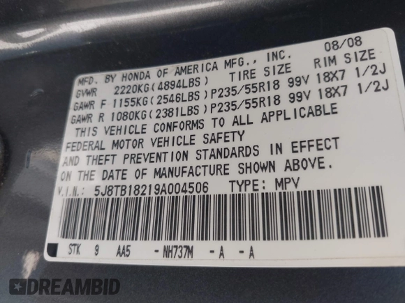 2009 Acura RDX with VIN 5J8TB18219A004506, listed as a IAAI auction lot 42062126 with 161,945 mi miles and . Bid and sale history available at carsss.com. Image 9.