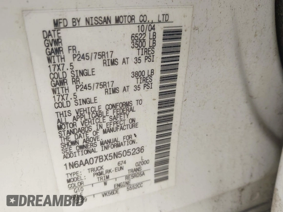 2005 Nissan Titan LE z VIN 1N6AA07BX5N505236, wystawiony jako IAAI lot #42315873 z przebiegiem 346 291 mil mil oraz . Historia ofert i sprzedaży dostępna na DreamBid. Obrazek 9.