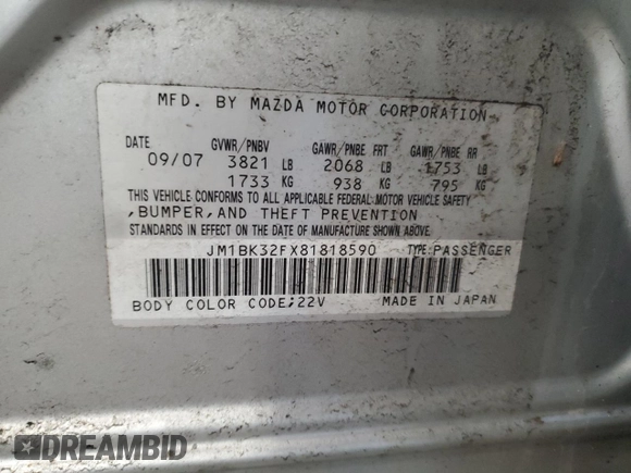 2008 Mazda 3 i Touring with VIN JM1BK32FX81818590, listed as a Copart auction lot 50948825 with 317,944 mi miles and Non Repairable. Bid and sale history available at carsss.com. Image 12.