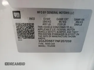 2022 Chevrolet Malibu LT with VIN 1G1ZD5ST7NF207059, listed as a Copart auction lot 49319505 with 62,938 mi miles and Salvage Title. Bid and sale history available at DreamBid. Image 13.