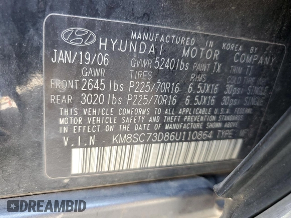 2006 Hyundai Santa Fe GLS with VIN KM8SC73D86U110864, listed as a Copart auction lot 46885805 with 184,782 mi miles and Clean Title. Bid and sale history available at carsss.com. Image 13.