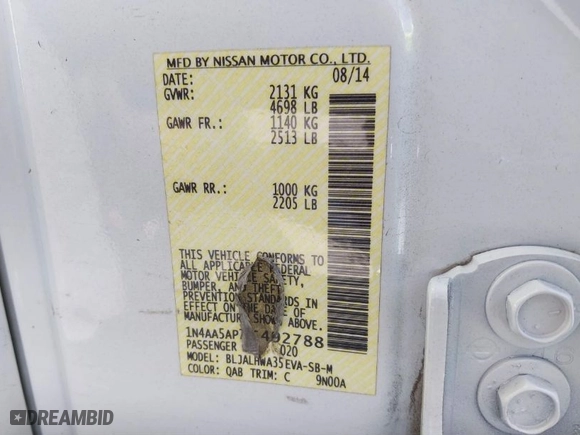 2014 Nissan Maxima 3.5 SV with VIN 1N4AA5AP7EC492788, listed as a IAAI auction lot 41737646 with 134786 miles. Bid and sale history available at carsss.com. Image 9.