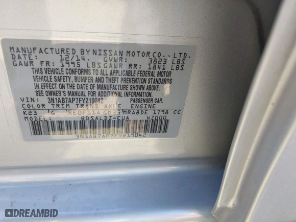 2015 Nissan Sentra S with VIN 3N1AB7AP7FY219042, listed as a IAAI auction lot 41776694 with 89,685 mi miles. Bid and sale history available at carsss.com. Image 9.