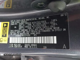 2012 Toyota Highlander Limited with VIN 5TDDK3EH6CS174295, listed as a IAAI auction lot 41680246 with 215,531 mi miles. Bid and sale history available at carsss.com. Image 9.