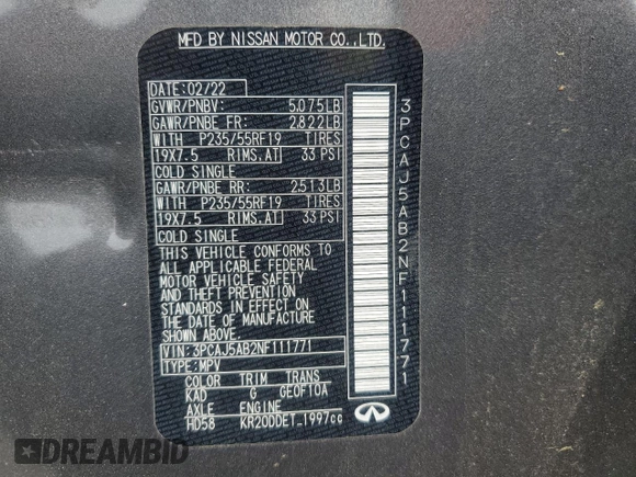 2022 Infiniti QX50 Pure z VIN 3PCAJ5AB2NF111771, wystawiony jako Copart lot #57990815 z przebiegiem 99 210 mil mil oraz Szkoda całkowita • Salvage title. Historia ofert i sprzedaży dostępna na DreamBid. Obrazek 14.