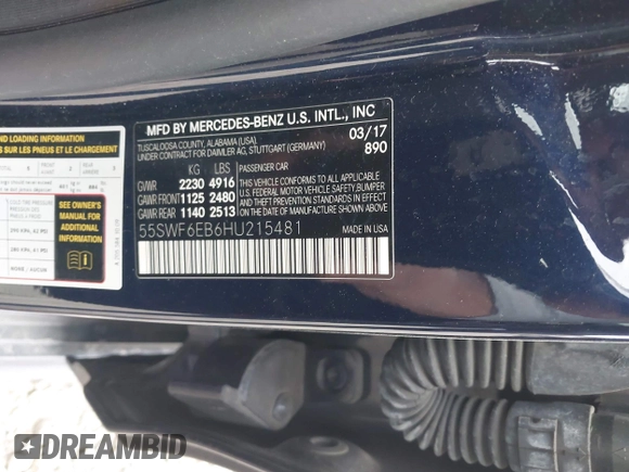 2017 Mercedes-Benz C 43 AMG with VIN 55SWF6EB6HU215481, listed as a IAAI auction lot 41920181 with 105,493 mi miles and . Bid and sale history available at DreamBid. Image 9.