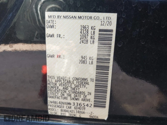 2021 Nissan Altima 2.5 SV with VIN 1N4BL4DVXMN336542, listed as a IAAI auction lot 41862208 with 1 mi miles. Bid and sale history available at carsss.com. Image 9.
