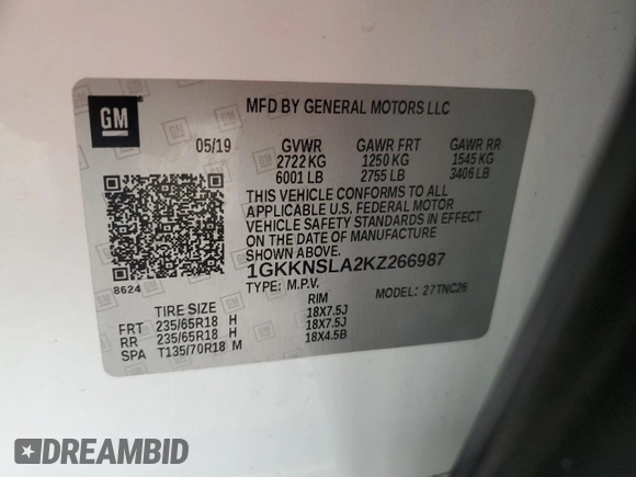 2019 GMC Acadia SLE with VIN 1GKKNSLA2KZ266987, listed as a Copart auction lot 47139035 with 86,104 mi miles and Clean Title. Bid and sale history available at DreamBid. Image 13.