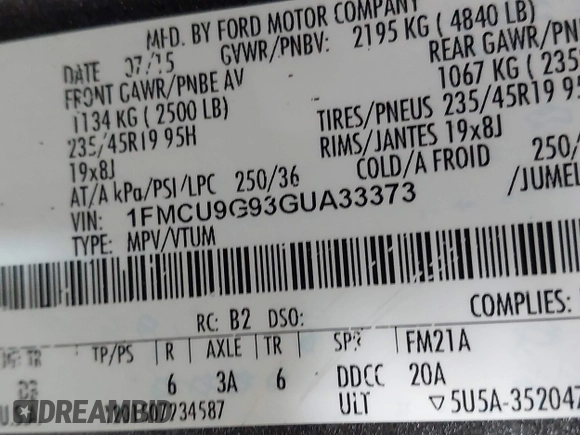 2016 Ford Escape SE with VIN 1FMCU9G93GUA33373, listed as a IAAI auction lot 41739890 with Not Provided miles and . Bid and sale history available at DreamBid. Image 9.