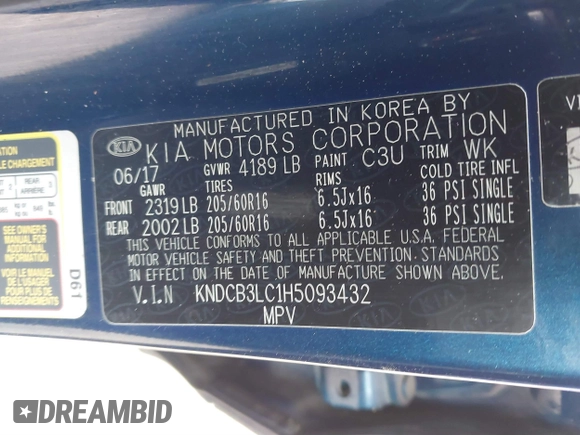 2017 Kia Niro FE with VIN KNDCB3LC1H5093432, listed as a IAAI auction lot 41464983 with 99,516 mi miles. Bid and sale history available at carsss.com. Image 9.