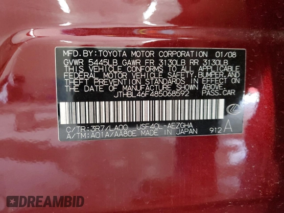 2008 Lexus LS 460 with VIN JTHBL46F485068592, listed as a Copart auction lot 60266575 with 137,014 mi miles and Salvage title. Bid and sale history available at DreamBid. Image 13.