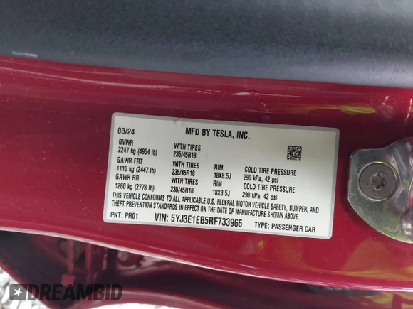 2024 Tesla Model 3 Long Range with VIN 5YJ3E1EB5RF733965, listed as a IAAI auction lot 41613919 with 11,570 mi miles and . Bid and sale history available at DreamBid. Image 9.