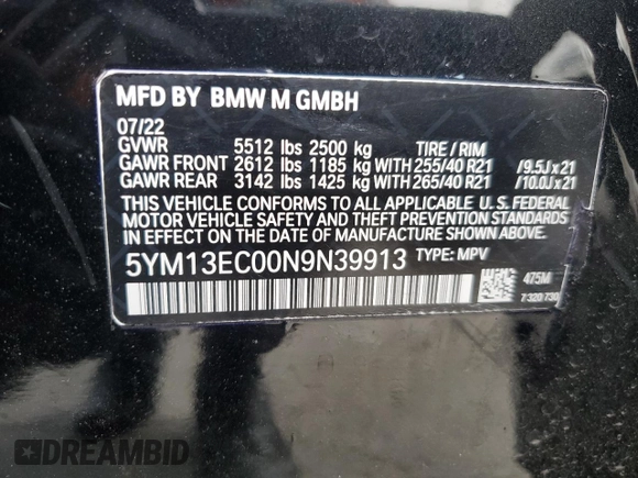 2022 BMW X3 M with VIN 5YM13EC00N9N39913, listed as a Copart auction lot 53989784 with 0 mi miles and Salvage Title. Bid and sale history available at carsss.com. Image 14.