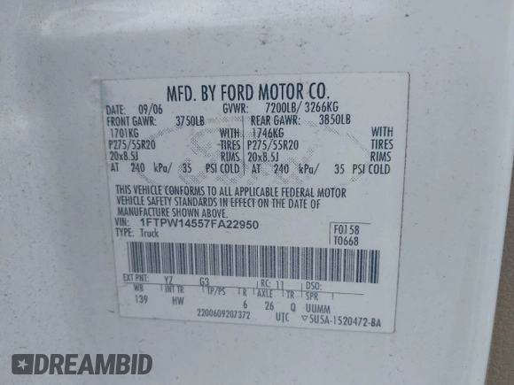 2007 Ford F-150 XLT с VIN 1FTPW14557FA22950, выставлен на аукционе IAAI как лот 42766479 с пробегом 293 351 миль миль и . История ставок и продаж доступна на DreamBid. Изображение 9.