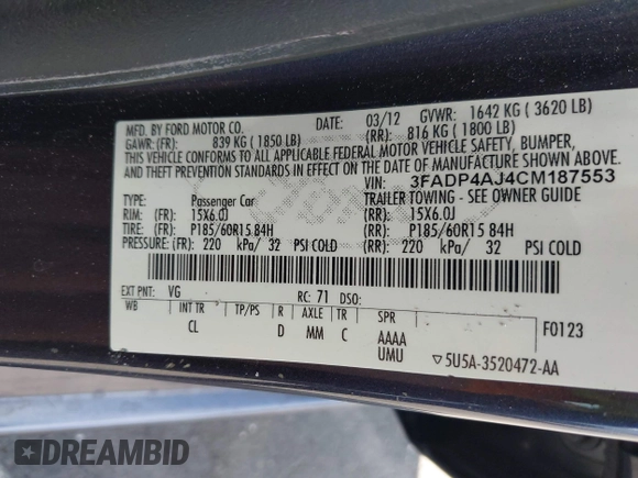 2012 Ford Fiesta S with VIN 3FADP4AJ4CM187553, listed as a IAAI auction lot 41965362 with 136,021 mi miles. Bid and sale history available at carsss.com. Image 9.