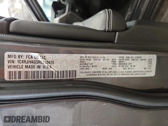 2024 Jeep Grand Cherokee Laredo with VIN 1C4RJHAG5RC210474, listed as a Copart auction lot 66945705 with 6,530 mi miles and Salvage title. Bid and sale history available at DreamBid. Image 14.