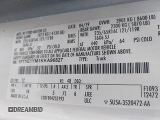 2019 Ford Transit with VIN 1FTYE1YM1KKA96827, listed as a IAAI auction lot 41851228 with 173,048 mi miles. Bid and sale history available at carsss.com. Image 9.