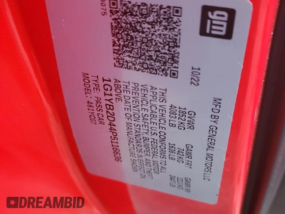 2023 Chevrolet Corvette 2LT with VIN 1G1YB2D44P5116636, listed as a Copart auction lot 86659504 with 2,027 mi miles and Salvage title. Bid and sale history available at DreamBid. Image 12.