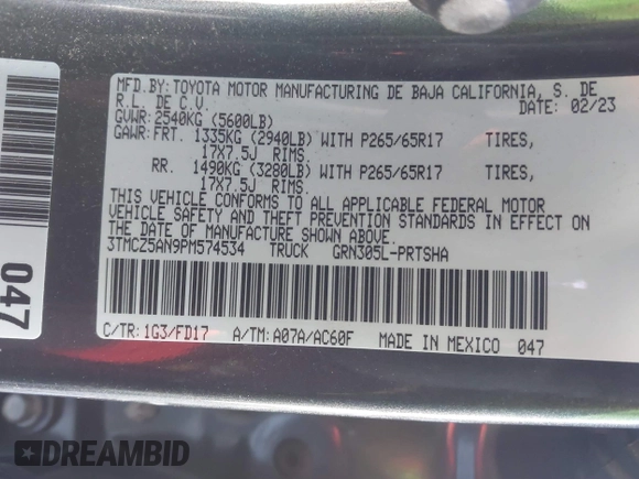 2023 Toyota Tacoma SR with VIN 3TMCZ5AN9PM574534, listed as a IAAI auction lot 41167910 with 27,375 mi miles and . Bid and sale history available at DreamBid. Image 9.