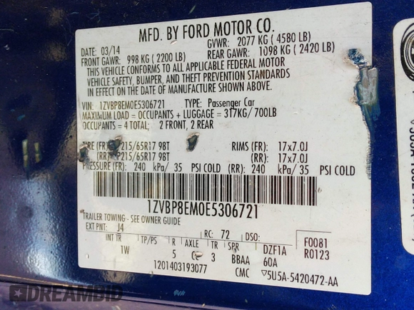 2014 Ford Mustang V6 with VIN 1ZVBP8EM0E5306721, listed as a IAAI auction lot 41671316 with 172,354 mi miles. Bid and sale history available at carsss.com. Image 9.