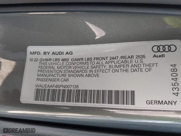 2023 Audi A4 Sedan S line Premium Plus with VIN WAUEAAF45PN007135, listed as a IAAI auction lot 41906355 with 46,454 mi miles. Bid and sale history available at carsss.com. Image 9.