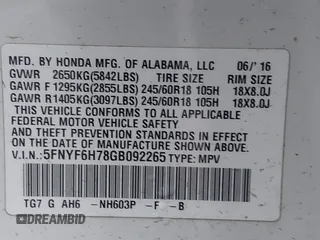 2016 Honda Pilot EX-L with VIN 5FNYF6H78GB092265, listed as a IAAI auction lot 41312700 with 52,101 mi miles. Bid and sale history available at carsss.com. Image 9.
