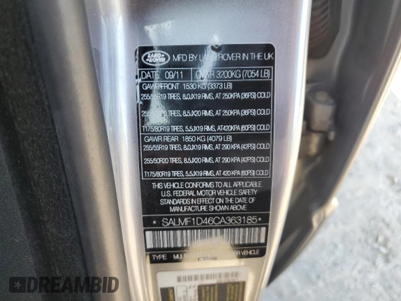 2012 Land Rover Range Rover HSE Lux with VIN SALMF1D46CA363185, listed as a Copart auction lot 63715095 with 151,154 mi miles and Salvage title. Bid and sale history available at DreamBid. Image 13.