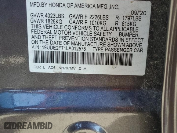 2020 Acura ILX Premium with VIN 19UDE2F71LA012578, listed as a Copart auction lot 48076663 with Not Provided miles and . Bid and sale history available at DreamBid. Image 12.