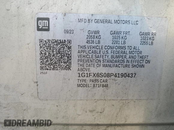 2023 Chevrolet Bolt EV 2LT with VIN 1G1FX6S08P4190437, listed as a Copart auction lot 54670245 with 31,928 mi miles and Non repairable. Bid and sale history available at DreamBid. Image 12.