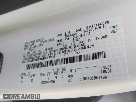 2022 Ford F-150 XL с VIN 1FTEW1EB1NKE43208, выставлен на аукционе IAAI как лот 42370197 с пробегом 53 671 миль миль и . История ставок и продаж доступна на DreamBid. Изображение 9.
