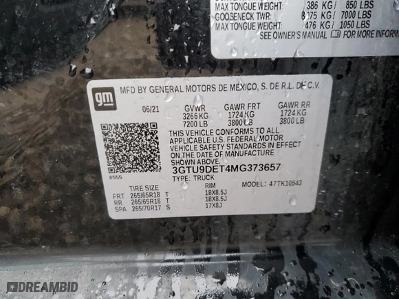 2021 GMC Sierra 1500 SLT with VIN 3GTU9DET4MG373657, listed as a Copart auction lot 46141295 with 0 mi miles and Salvage Title. Bid and sale history available at carsss.com. Image 13.