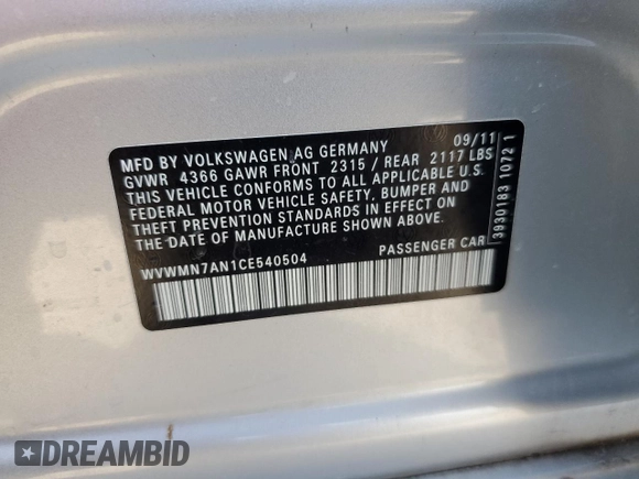 2012 Volkswagen CC Sport with VIN WVWMN7AN1CE540504, listed as a Copart auction lot 78432364 with 138,613 mi miles and Clean Title. Bid and sale history available at DreamBid. Image 12.