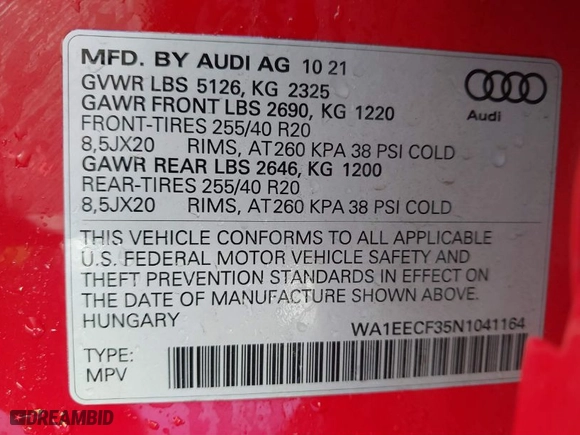 2022 Audi Q3 S line Premium Plus with VIN WA1EECF35N1041164, listed as a IAAI auction lot 41645187 with 10,453 mi miles. Bid and sale history available at carsss.com. Image 9.