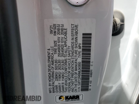 2021 Acura RDX w/A-Spec Package with VIN 5J8TC2H69ML043850, listed as a Copart auction lot 52626195 with 29,211 mi miles and Salvage title. Bid and sale history available at DreamBid. Image 13.