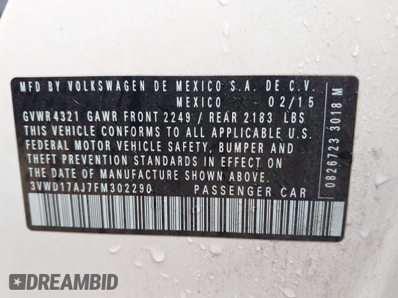 2015 Volkswagen Jetta SE with VIN 3VWD17AJ7FM302290, listed as a IAAI auction lot 42371920 with 127,631 mi miles and . Bid and sale history available at DreamBid. Image 9.