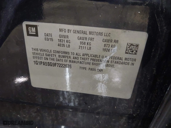 2015 Chevrolet Cruze LS with VIN 1G1PA5SG9F7222676, listed as a IAAI auction lot 41951033 with 102,375 mi miles. Bid and sale history available at carsss.com. Image 9.