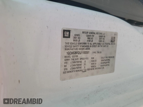 2018 Chevrolet Express Cargo with VIN 1GCWGBFG9J1180581, listed as a IAAI auction lot 42613465 with 109,468 mi miles and . Bid and sale history available at DreamBid. Image 13.