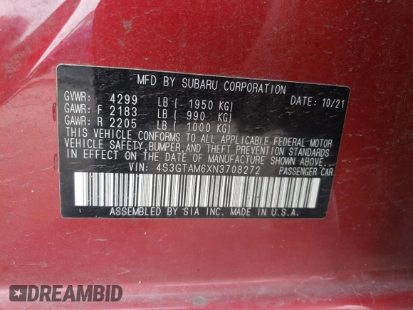 2022 Subaru Impreza Special Sports with VIN 4S3GTAM6XN3708272, listed as a Copart auction lot 48568345 with 38,420 mi miles and Salvage title. Bid and sale history available at DreamBid. Image 14.