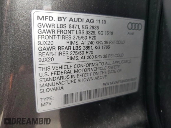 2019 Audi Q8 Premium with VIN WA1AVAF19KD016537, listed as a Copart auction lot 47663195 with 70,409 mi miles and Salvage Title. Bid and sale history available at carsss.com. Image 13.